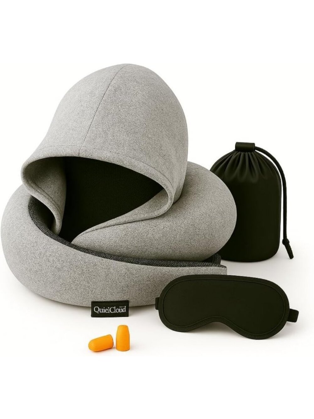 Cozy Hooded Travel Neck Pillow, Memory Foam Support, Eye Mask & Earplugs